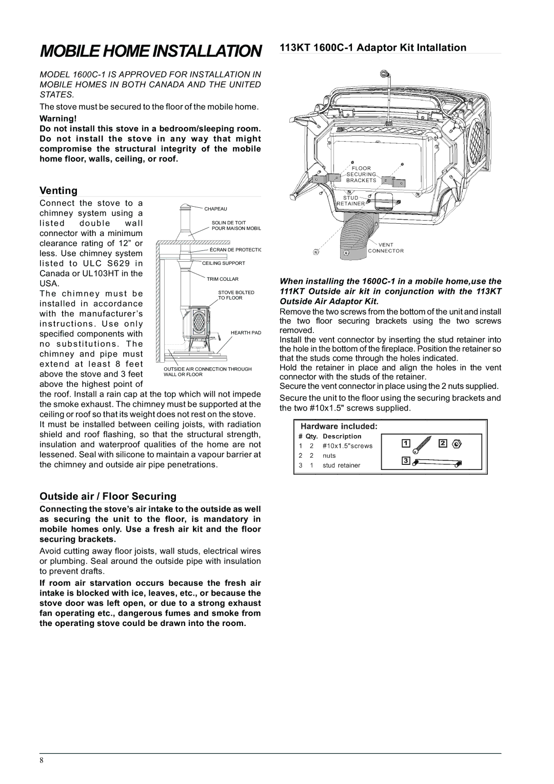 Napoleon Fireplaces specifications Venting, Outside air / Floor Securing, 113KT 1600C-1 Adaptor Kit Intallation 