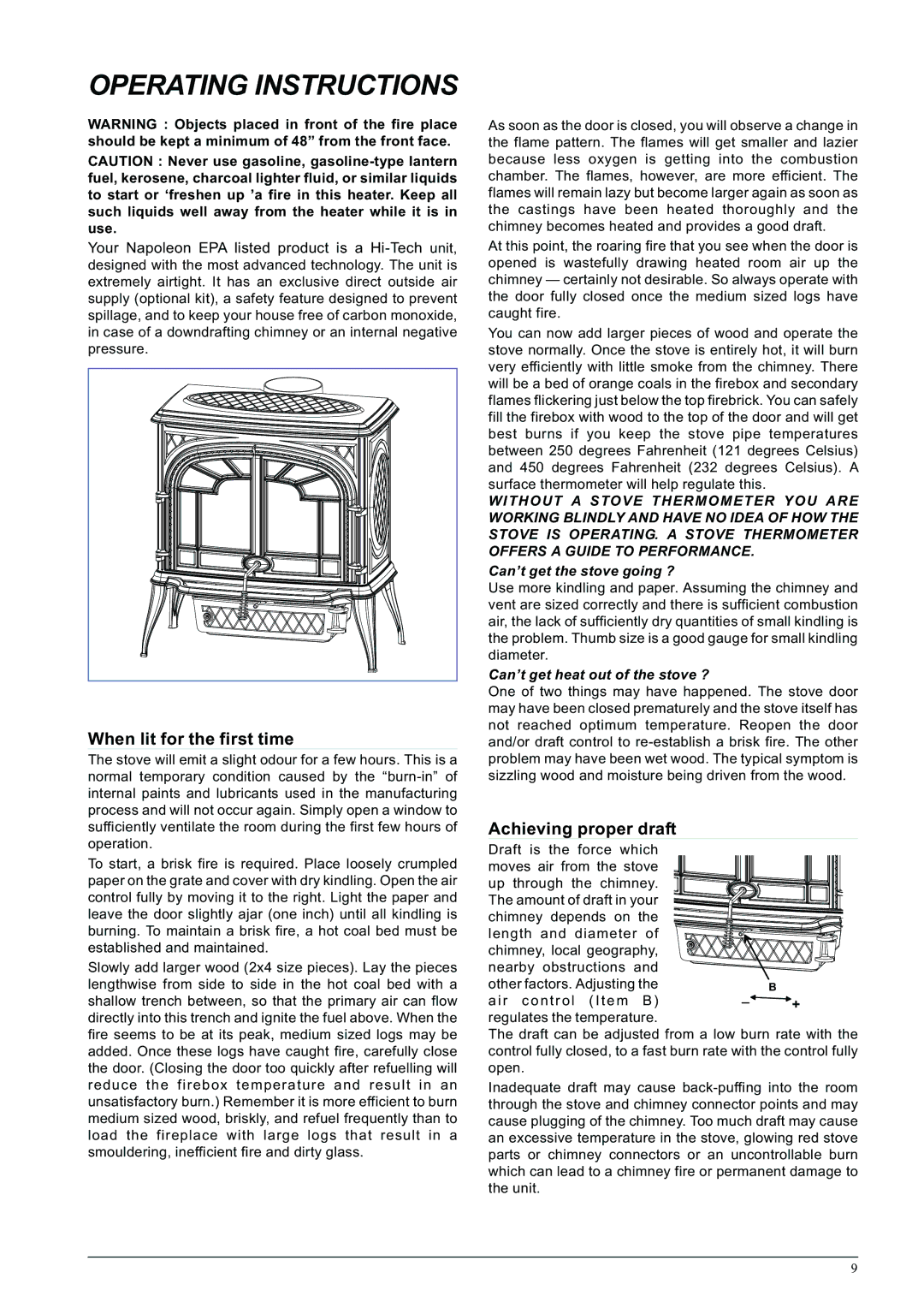 Napoleon Fireplaces 1600C-1 specifications Operating Instructions, When lit for the first time, Achieving proper draft 