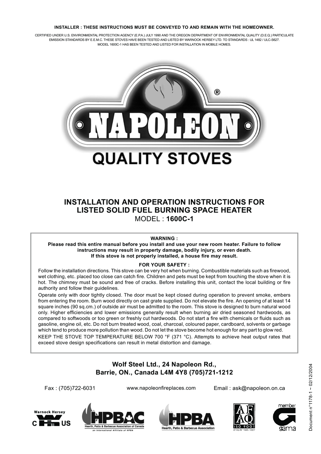 Napoleon Fireplaces specifications Installation And Operation Instructions For, MODEL 1600C-1 