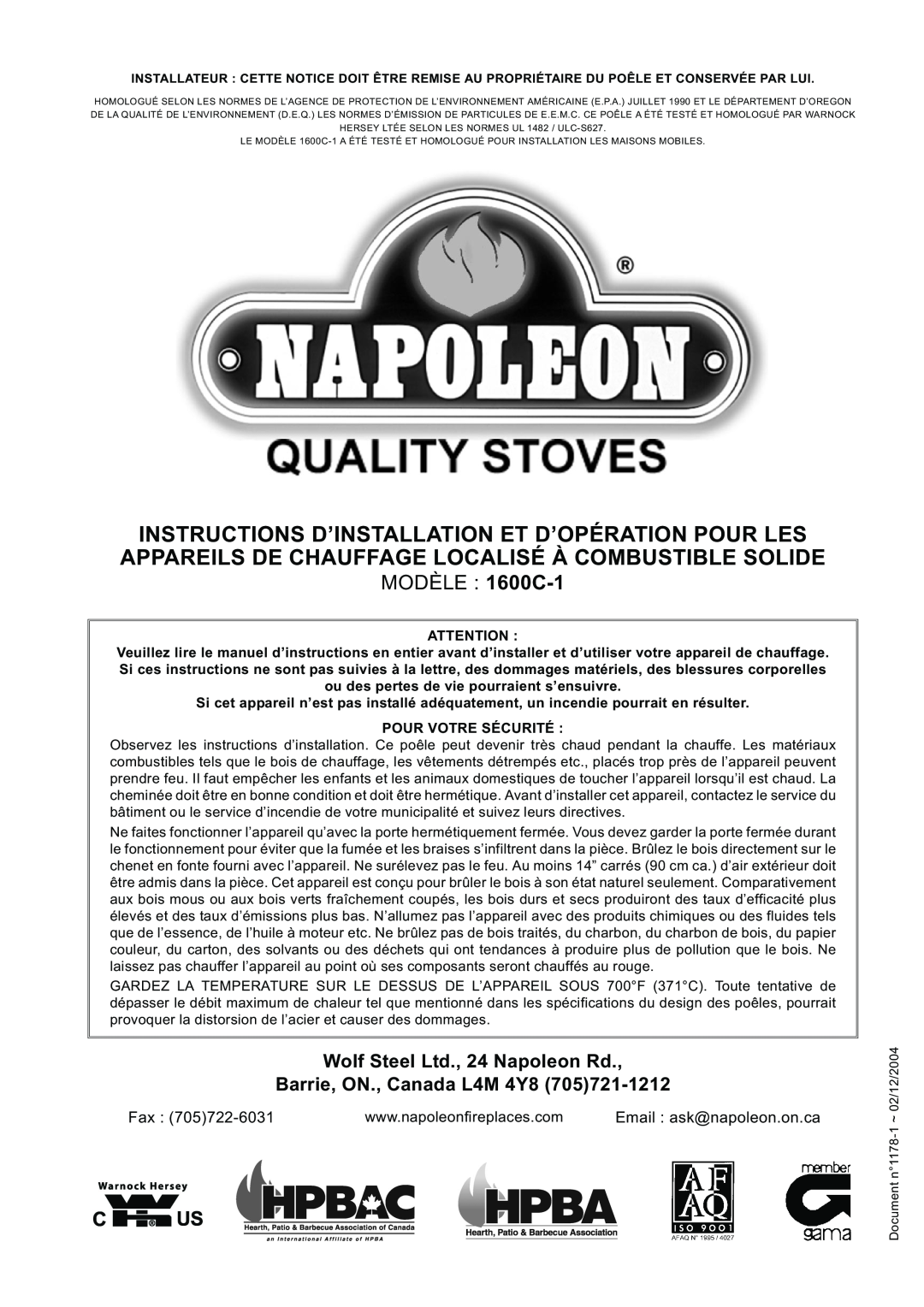 Napoleon Fireplaces specifications MODÈLE 1600C-1, Barrie, ON., Canada L4M 4Y8 