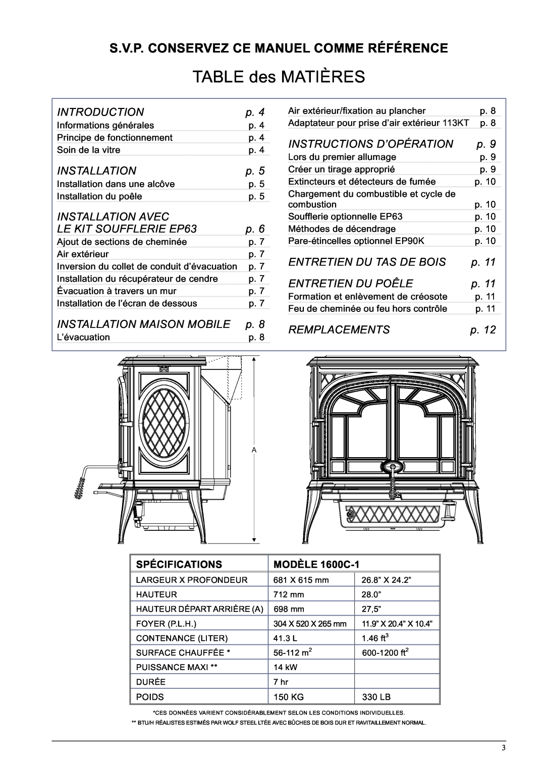 Napoleon Fireplaces 1600C-1 specifications TABLE des MATIÈRES, S.V.P. Conservez Ce Manuel Comme Référence 