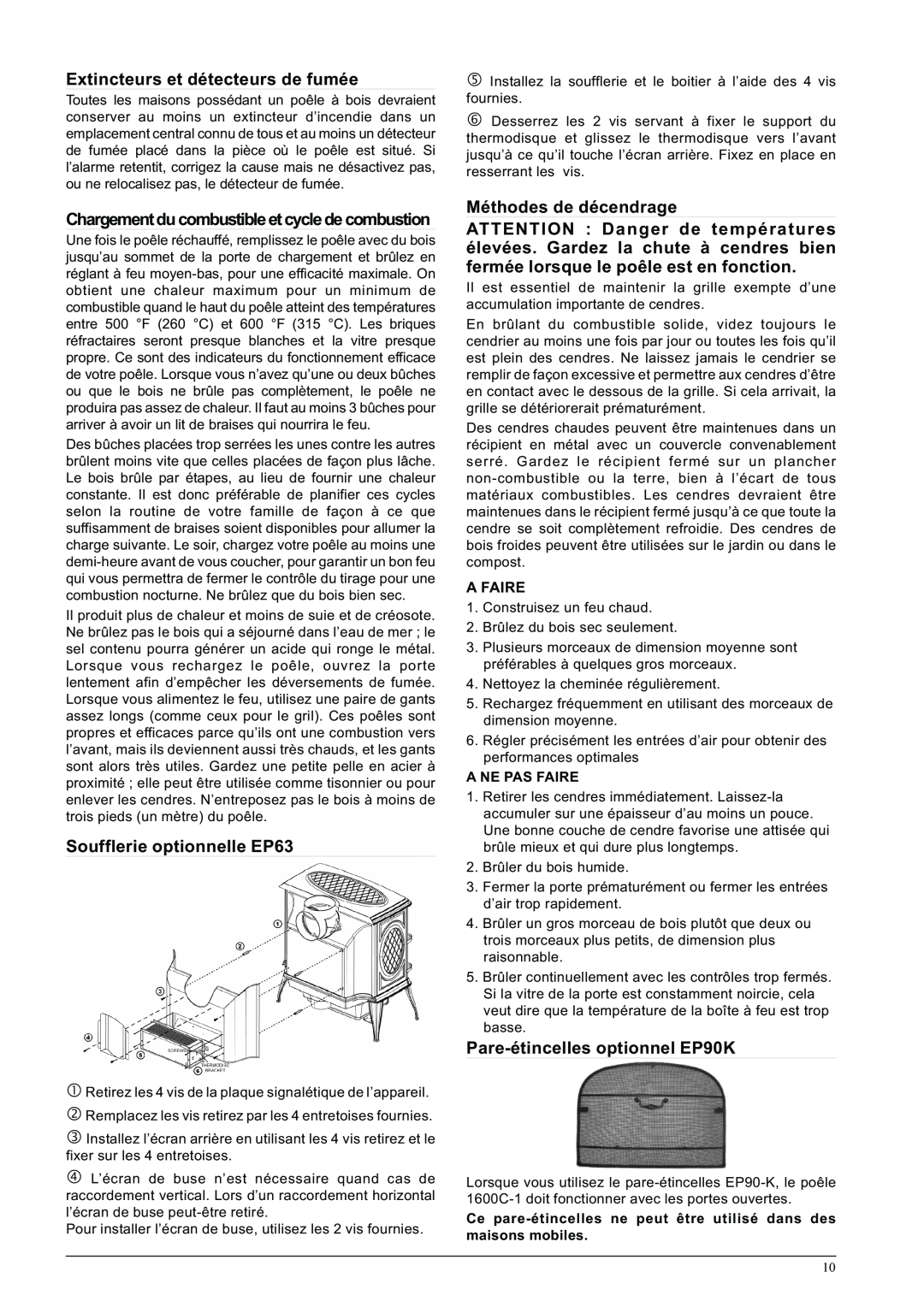 Napoleon Fireplaces 1600C-1 Extincteurs et détecteurs de fumée, Soufflerie optionnelle EP63, Méthodes de décendrage 