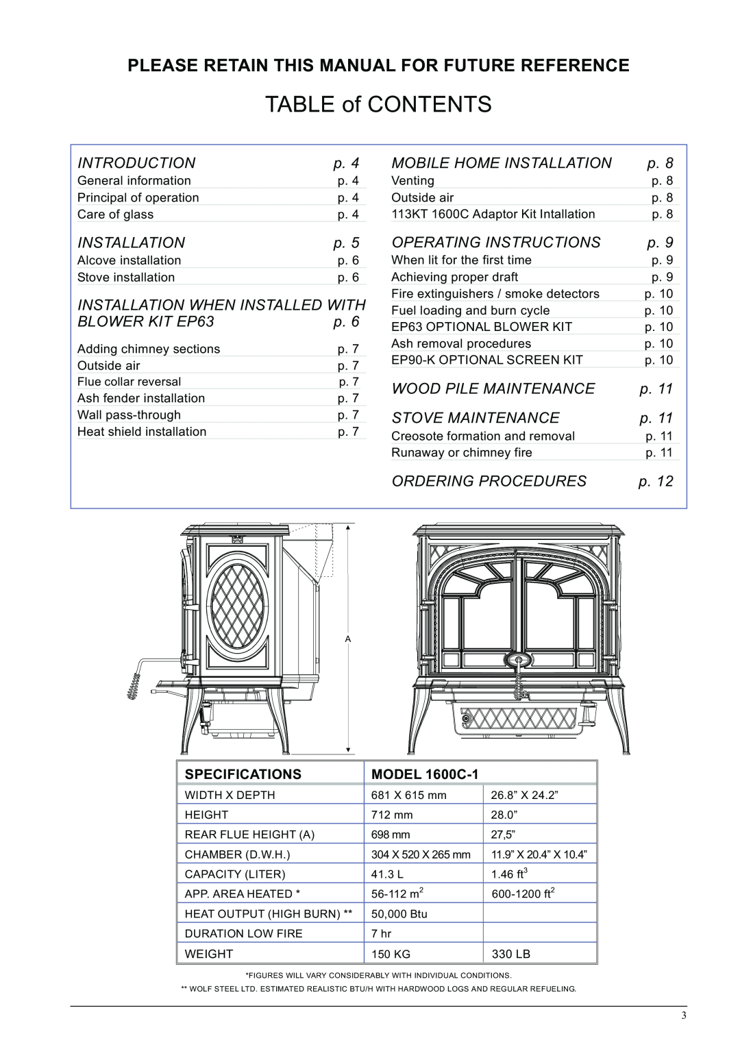 Napoleon Fireplaces 1600C-1 specifications TABLE of CONTENTS, Please Retain This Manual For Future Reference 