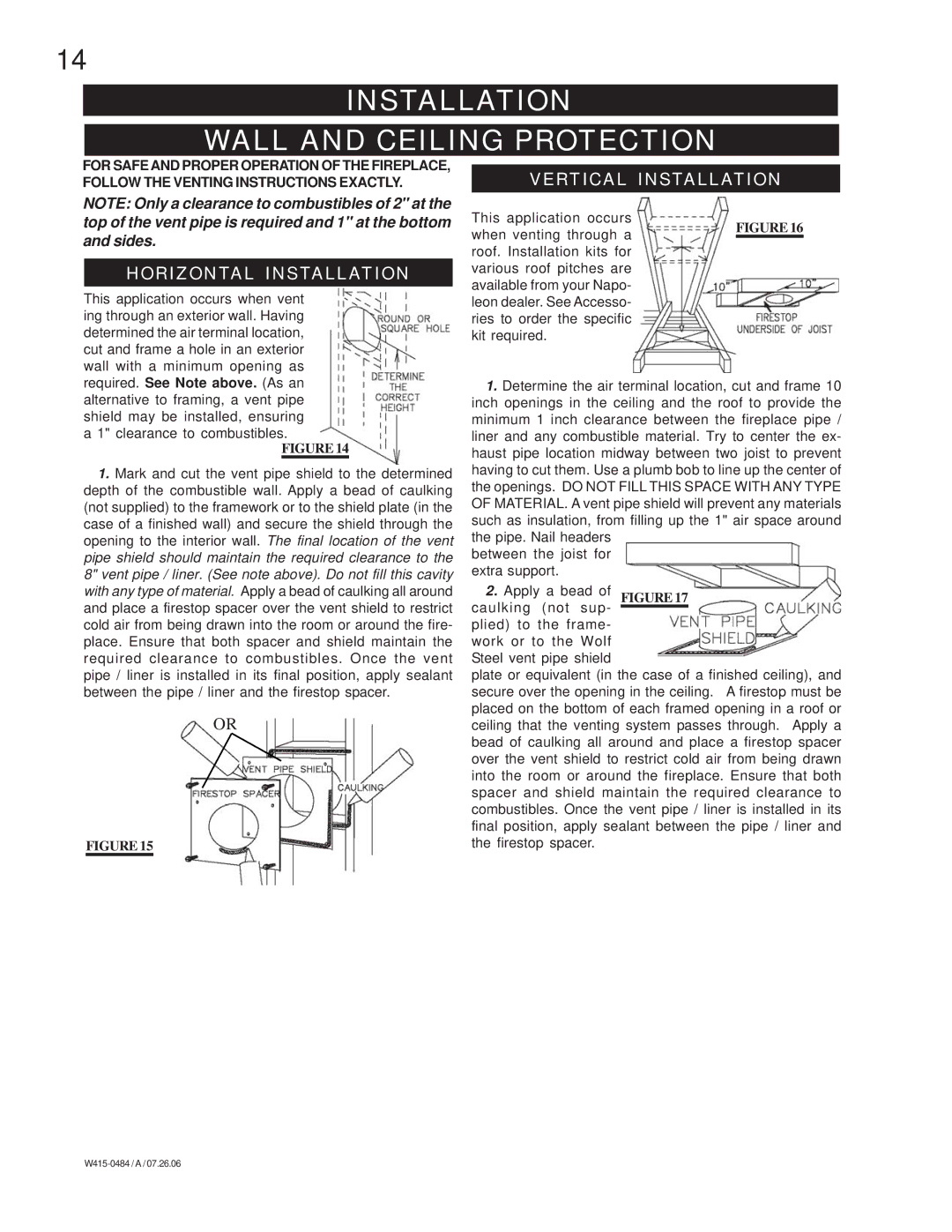 Napoleon Fireplaces B36DFP manual Installation Wall and Ceiling Protection, Horizontal Installation, Vertical Installation 