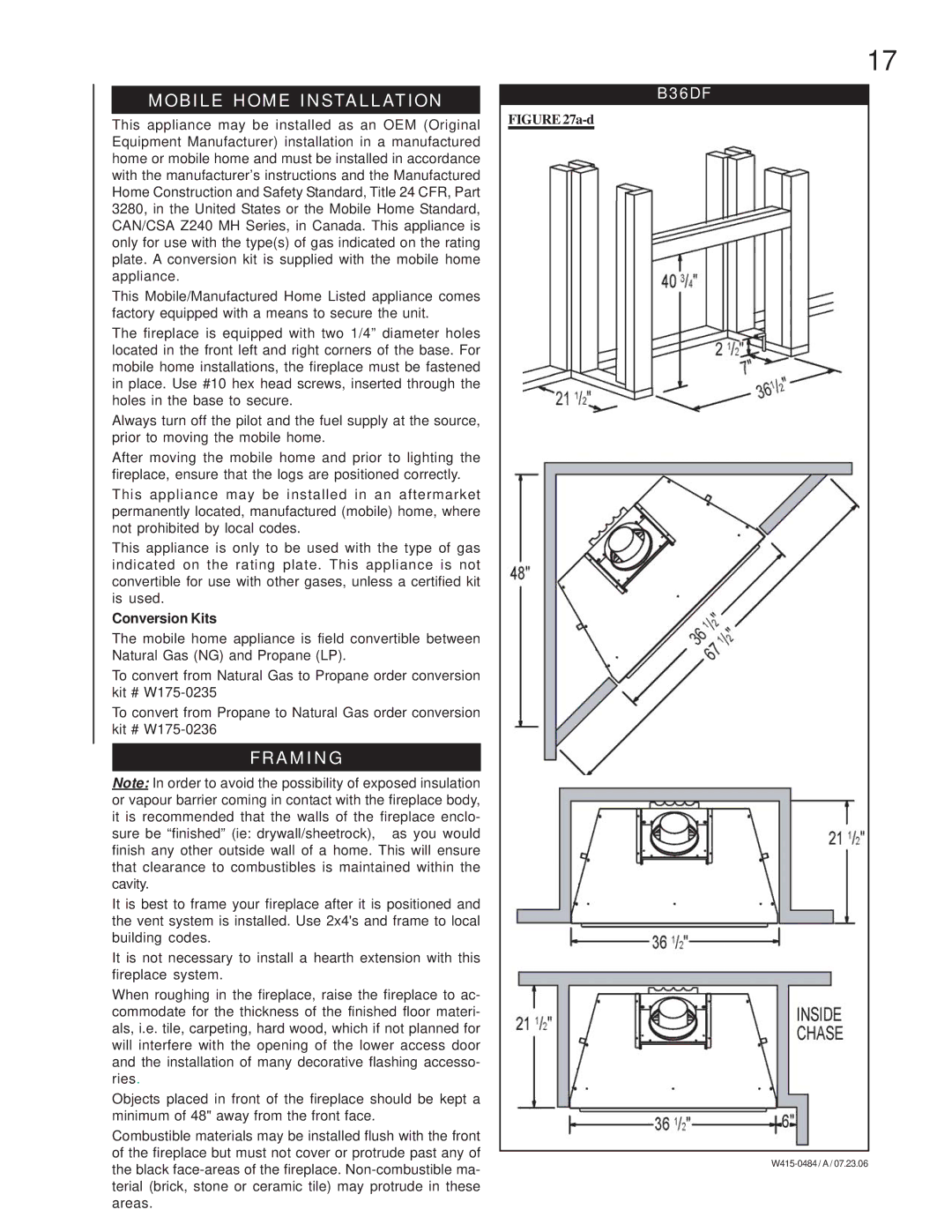 Napoleon Fireplaces B36DFN, B36DFP manual Mobile Home Installation, Framing, Conversion Kits 