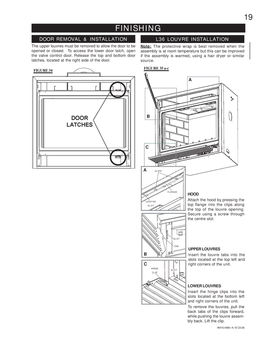 Napoleon Fireplaces B36DFN, B36DFP manual Finishing, Door Removal & Installation L36 Louvre Installation 