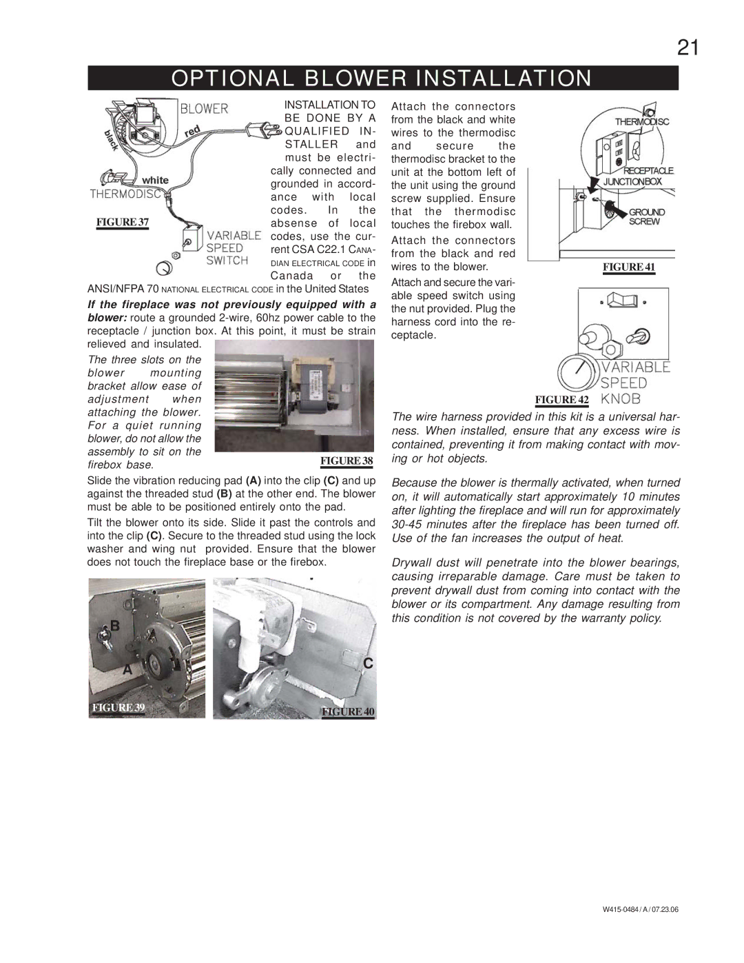 Napoleon Fireplaces B36DFN, B36DFP manual Optional Blower Installation, Qualified Staller 