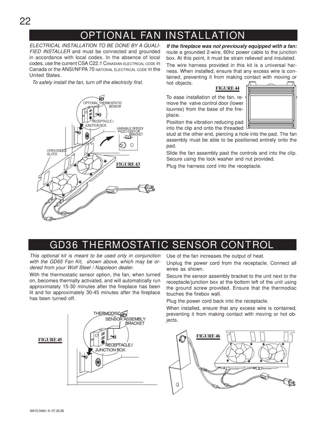 Napoleon Fireplaces B36DFP, B36DFN manual Optional FAN Installation, GD36 Thermostatic Sensor Control 