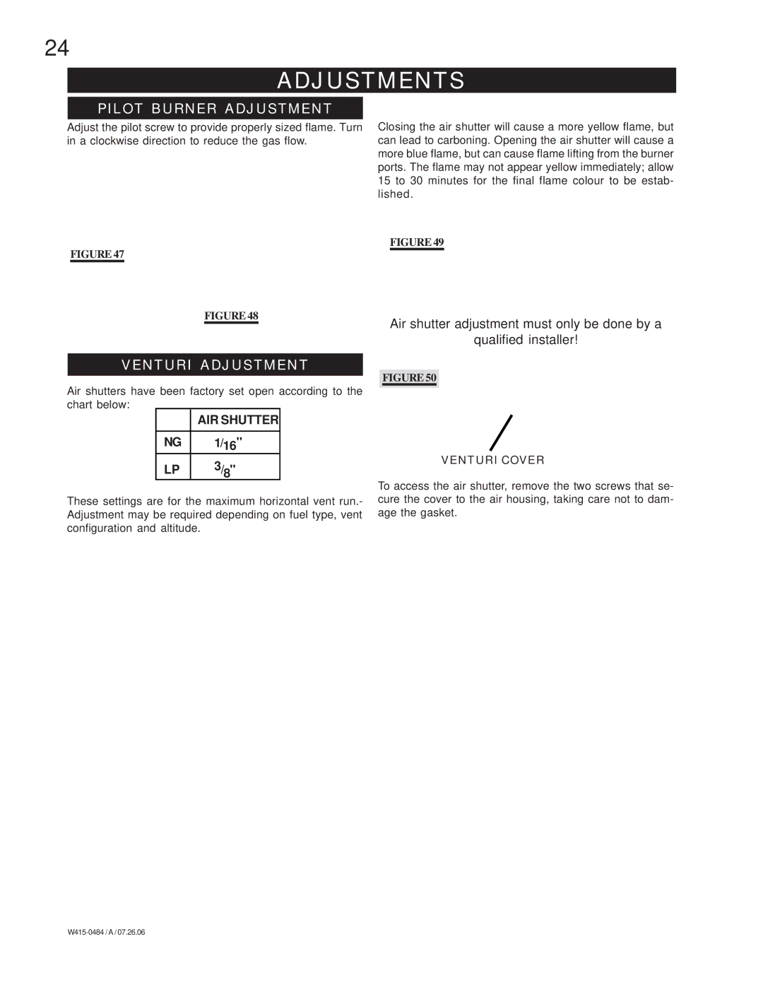 Napoleon Fireplaces B36DFP, B36DFN manual Adjustments, Pilot Burner Adjustment, Venturi Adjustment 