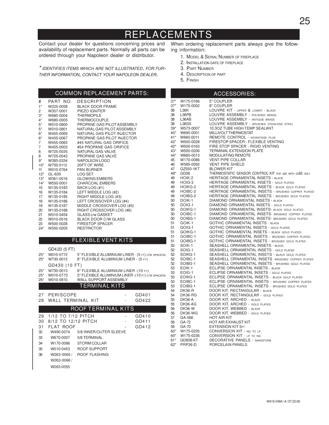 Napoleon Fireplaces B36DFN, B36DFP manual Replacements, Common Replacement Parts 