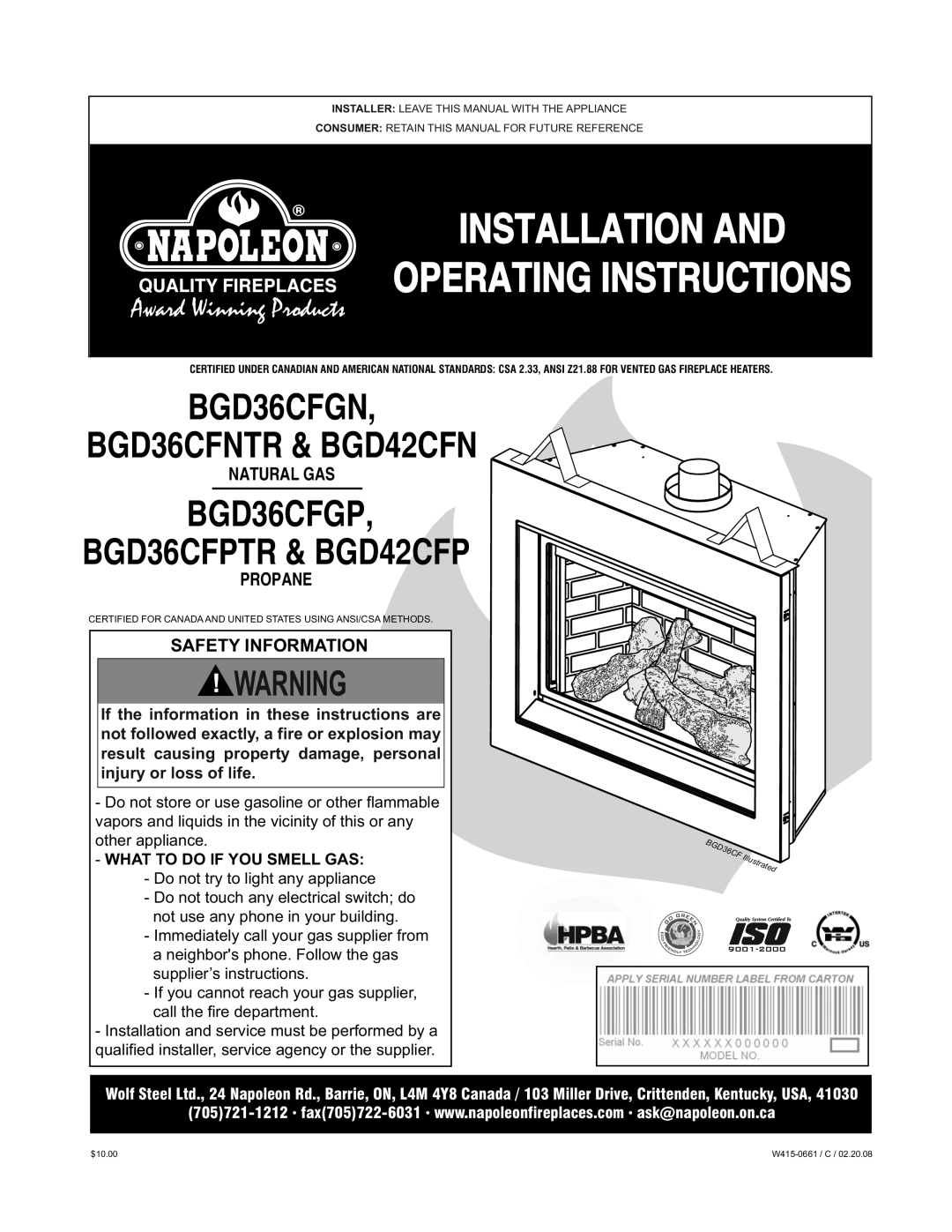 Napoleon Fireplaces BGD42CFN, BGD36CFGN, BGD36CFNTR manual Installation Operating Instructions 