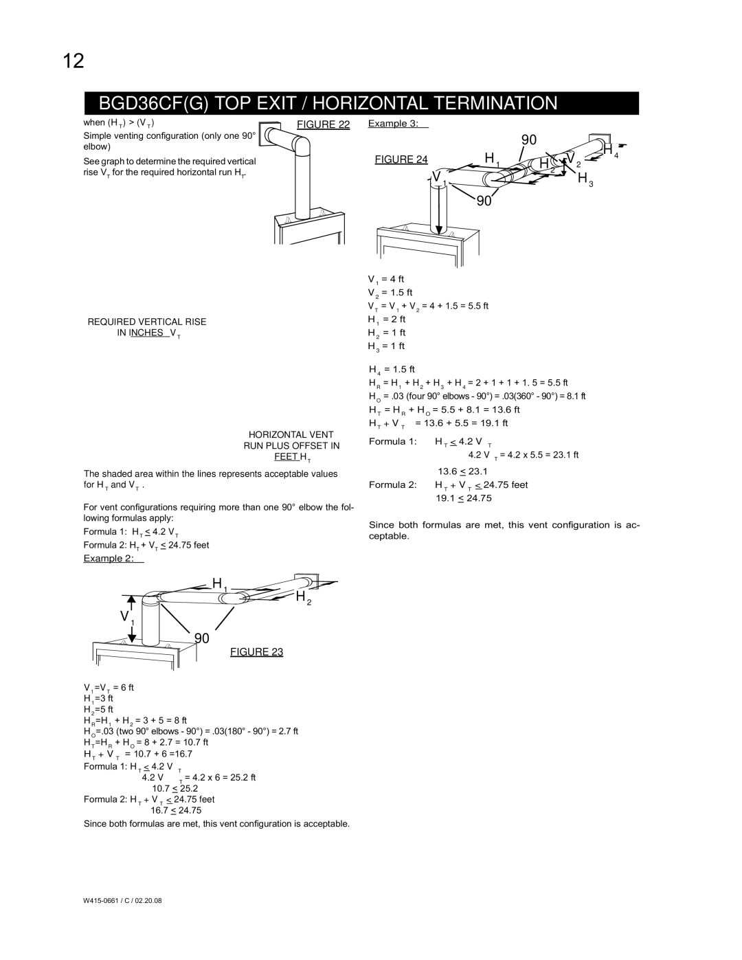 Napoleon Fireplaces BGD36CFGN, BGD42CFN, BGD36CFNTR manual Example, Formula 2 HT + VT 24.75 feet 