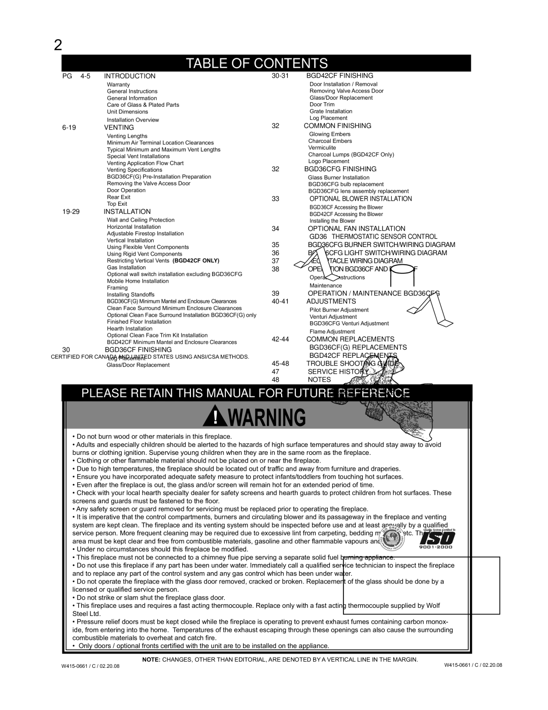 Napoleon Fireplaces BGD36CFNTR, BGD36CFGN, BGD42CFN manual Table of Contents 