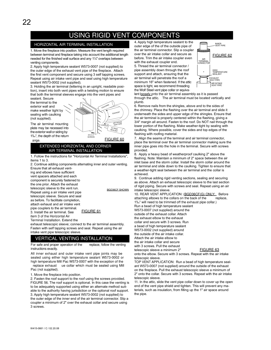 Napoleon Fireplaces BGD42CFN, BGD36CFGN, BGD36CFNTR manual Using Rigid Vent Components, Vertical Venting Installation 