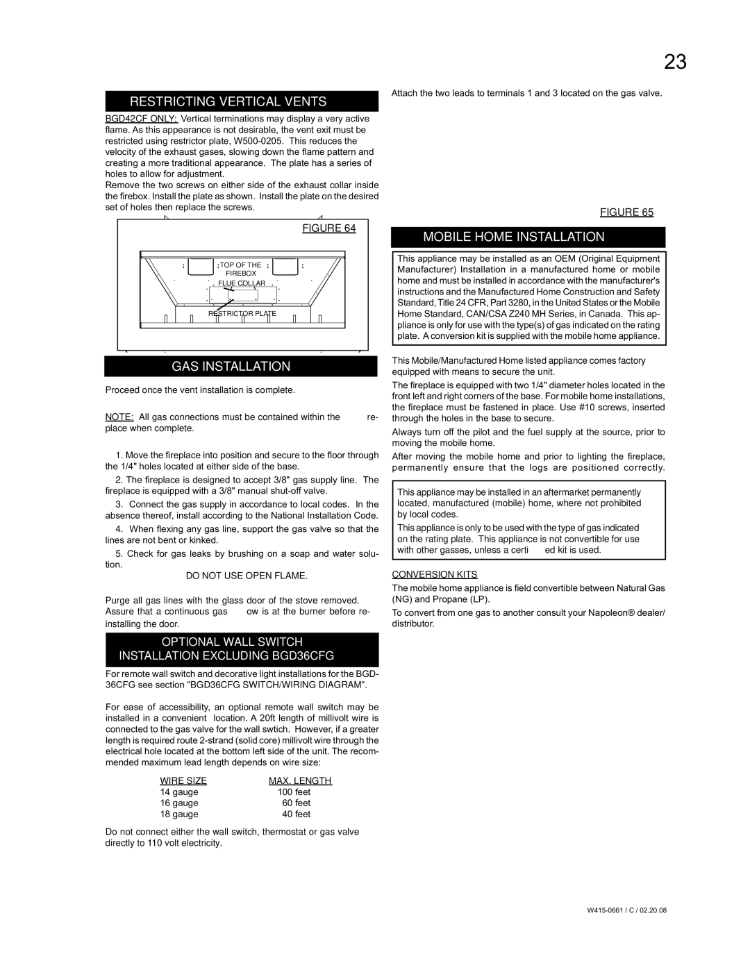 Napoleon Fireplaces BGD36CFNTR, BGD36CFGN, BGD42CFN Restricting Vertical Vents, GAS Installation, Mobile Home Installation 