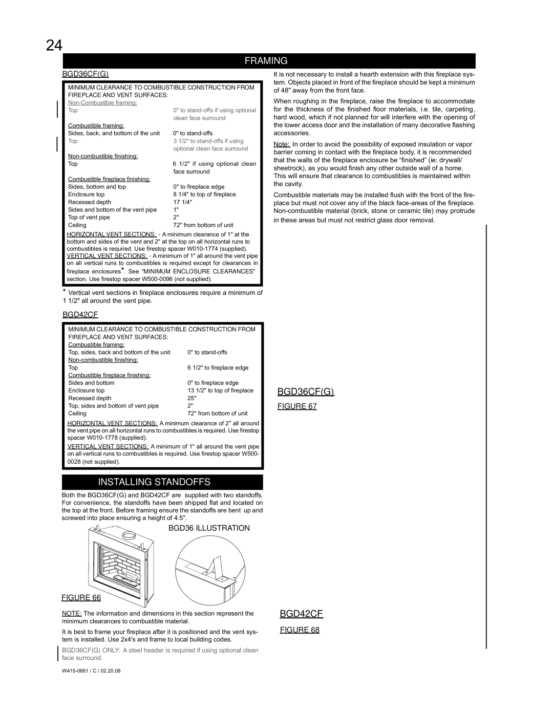 Napoleon Fireplaces BGD36CFGN, BGD42CFN, BGD36CFNTR manual Framing, Installing Standoffs, Cavity 