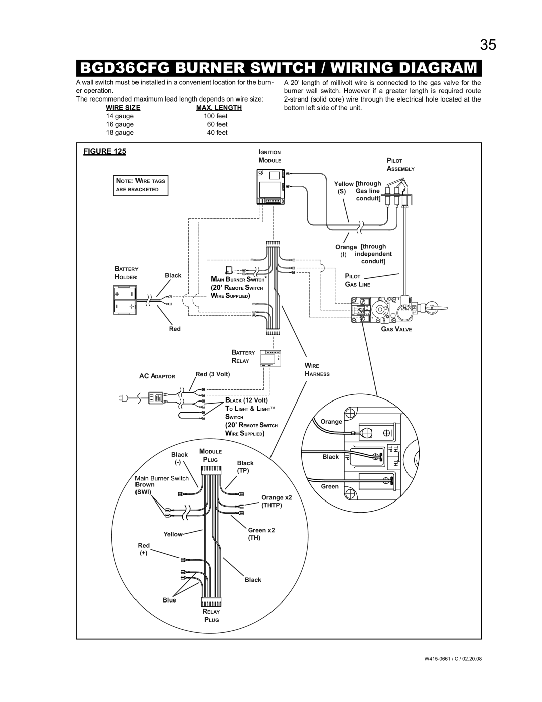 Napoleon Fireplaces BGD36CFNTR, BGD36CFGN, BGD42CFN manual BGD36CFG Burner Switch / Wiring Diagram, Gauge Feet 