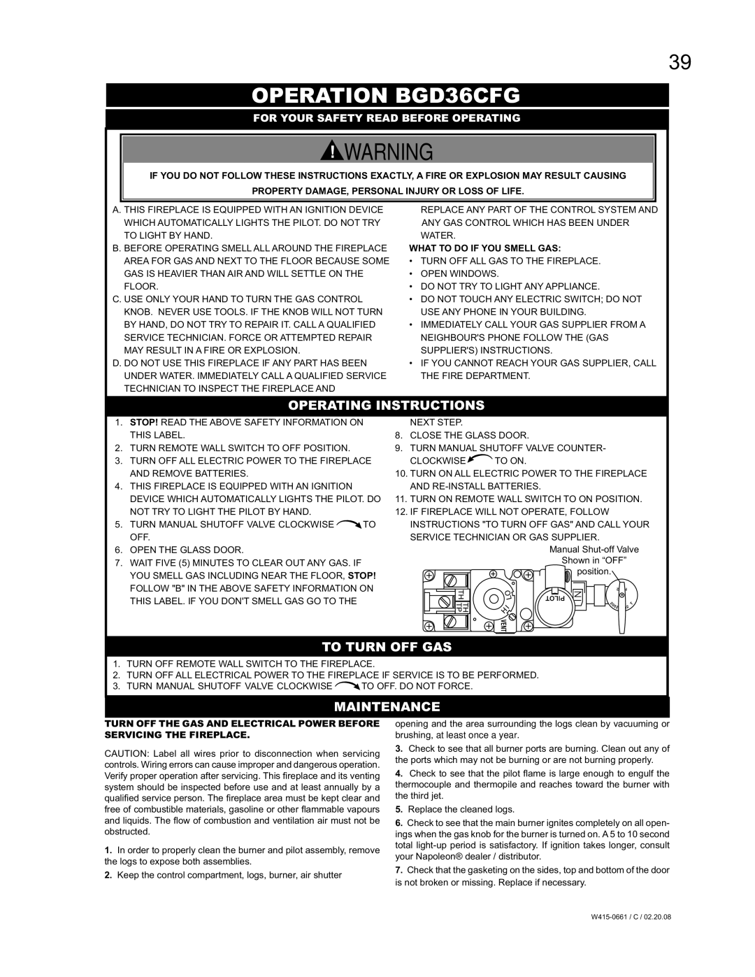 Napoleon Fireplaces BGD36CFGN, BGD42CFN manual Operation BGD36CFG, Operating Instructions, To Turn OFF GAS, Maintenance 