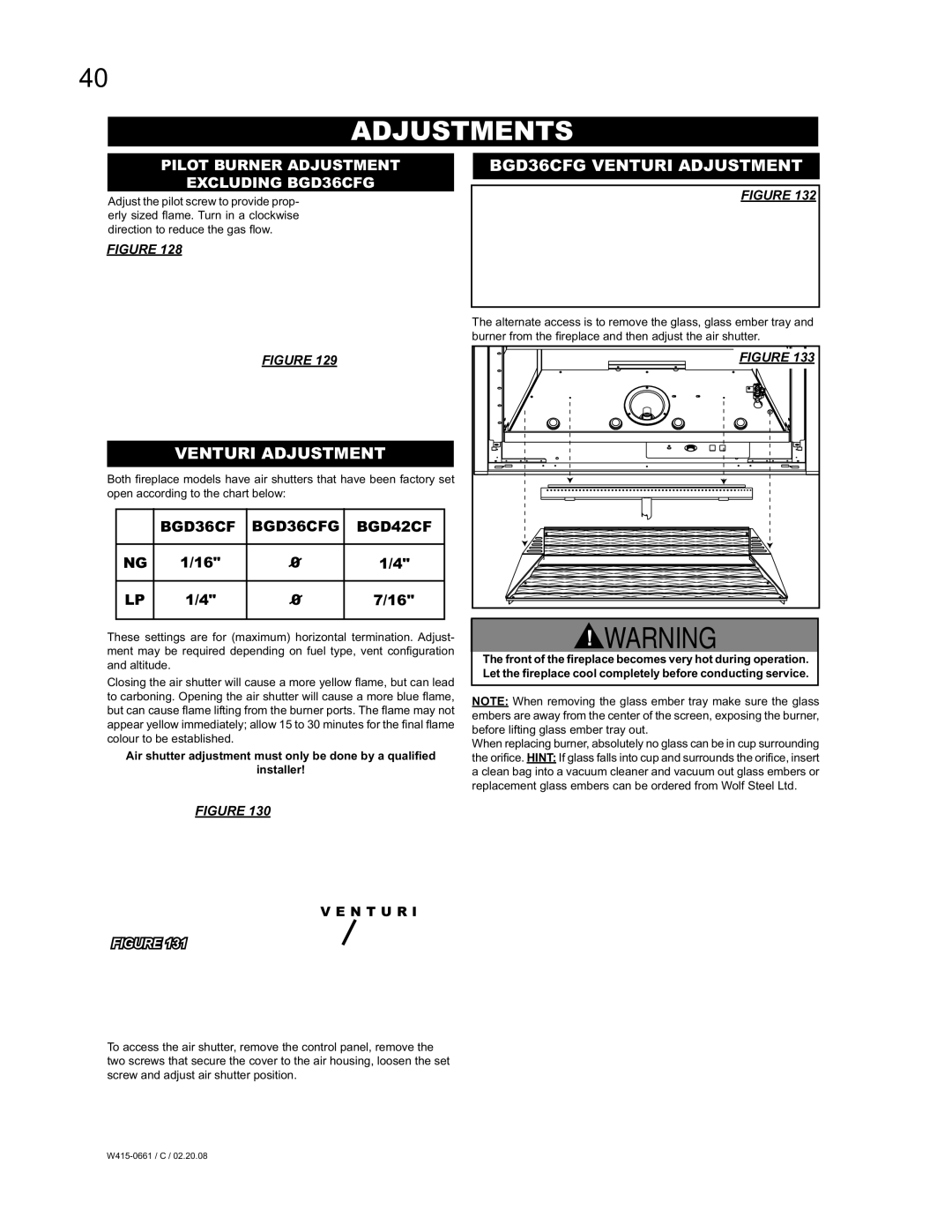 Napoleon Fireplaces BGD42CFN Adjustments, BGD36CFG Venturi Adjustment, Pilot Burner Adjustment Excluding BGD36CFG 