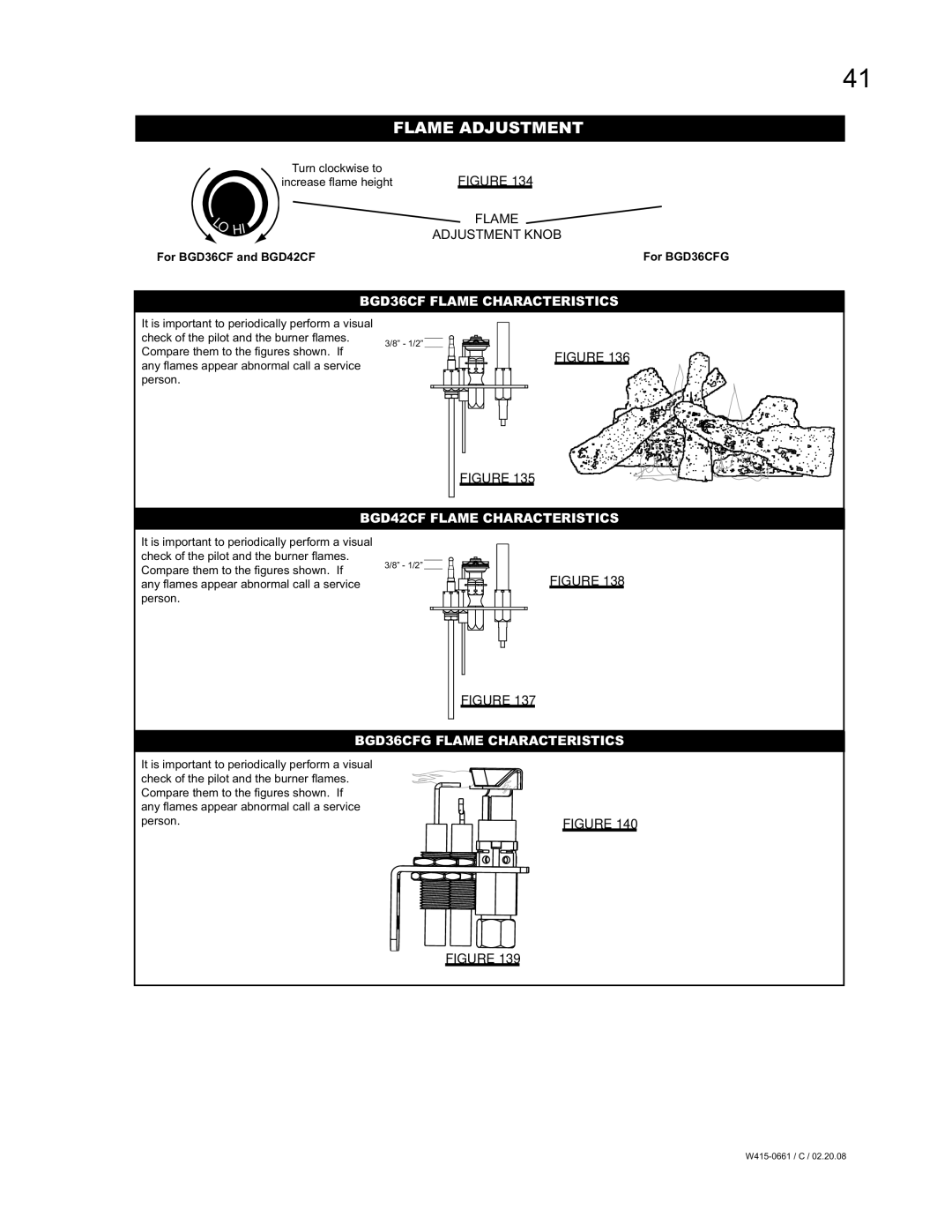 Napoleon Fireplaces BGD36CFNTR, BGD36CFGN Flame Adjustment, BGD36CF Flame Characteristics, BGD42CF Flame Characteristics 