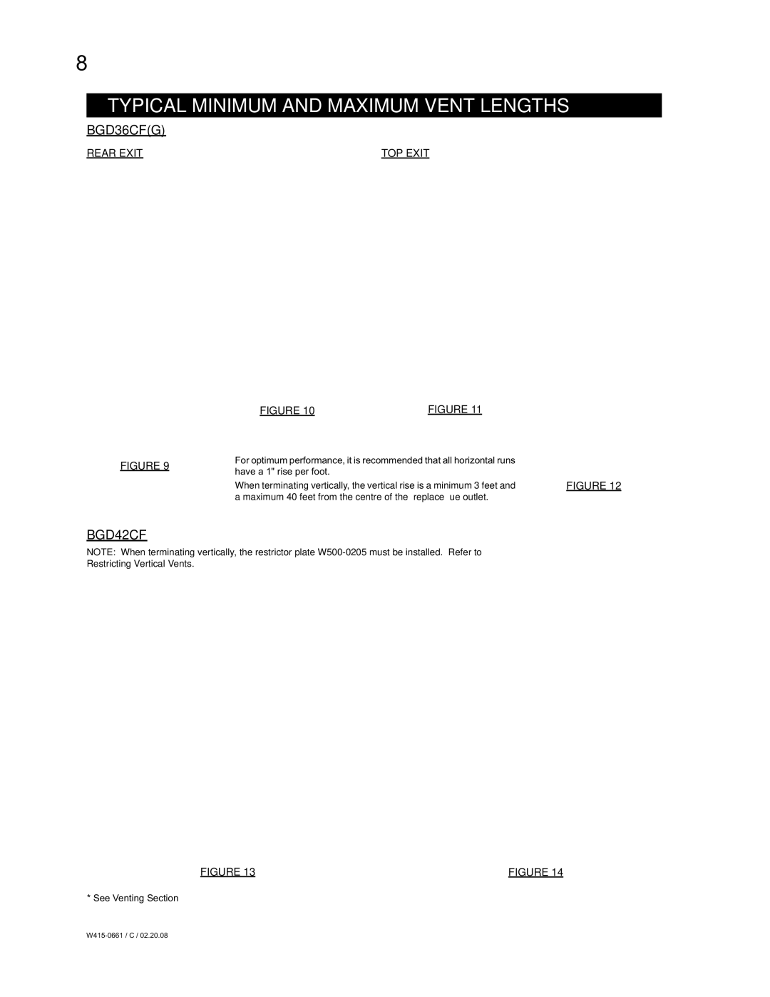 Napoleon Fireplaces BGD36CFNTR, BGD36CFGN, BGD42CFN manual Typical Minimum and Maximum Vent Lengths, See Venting Section 