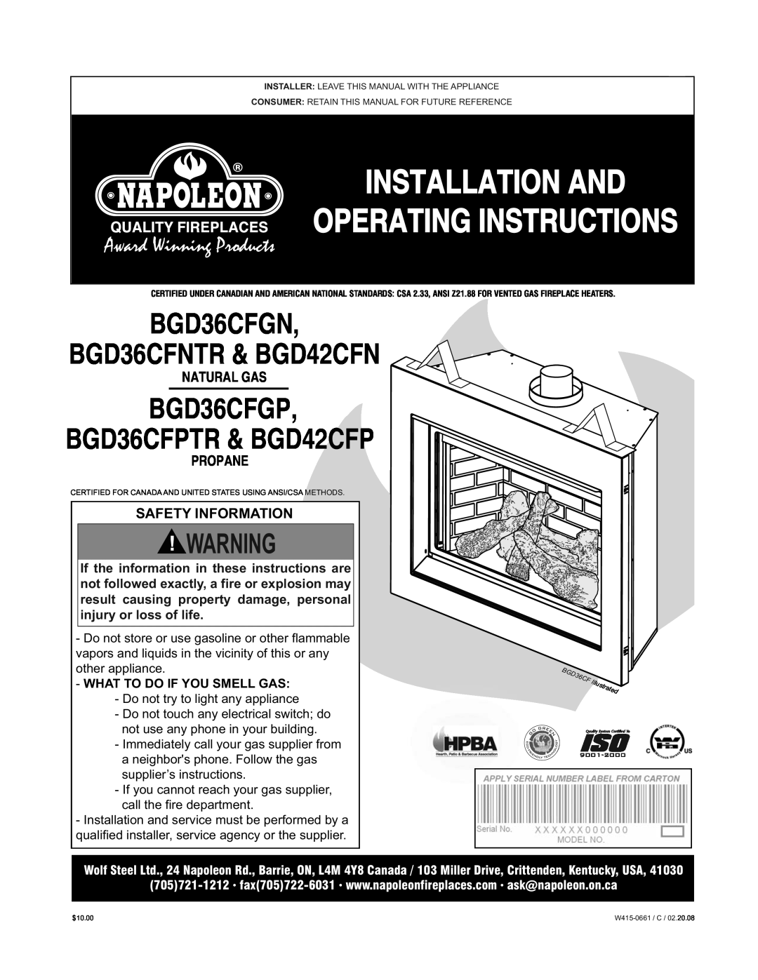 Napoleon Fireplaces manual Installation And Operating Instructions, BGD36CFGN BGD36CFNTR & BGD42CFN, Natural Gas 