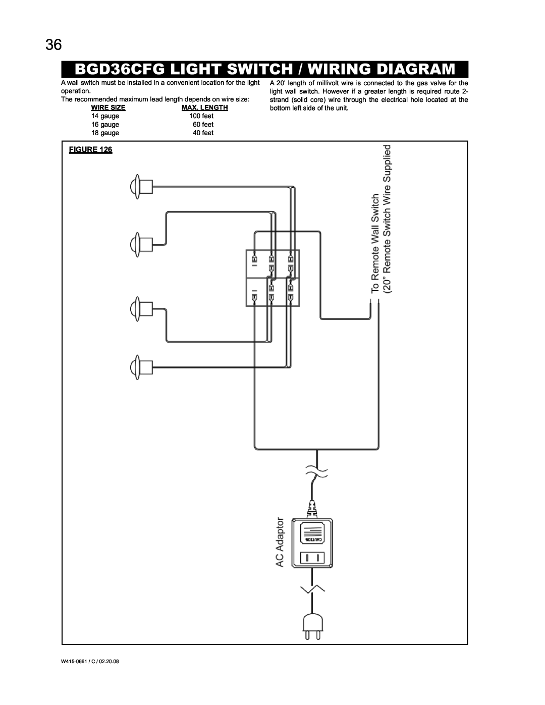 Napoleon Fireplaces BGD36CFGN, BGD42CFN, BGD36CFNTR manual BGD36CFG LIGHT SWITCH / WIRING DIAGRAM, Wire Size, Max. Length 