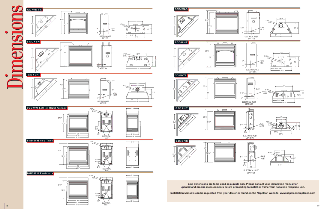 Napoleon Fireplaces BGD38NT manual 7 0 N T- S, D 4 8 N, 4 5 N, BGD40N Left or Right Corner, 3 4 N T, D 4 0 N S e e T h r u 