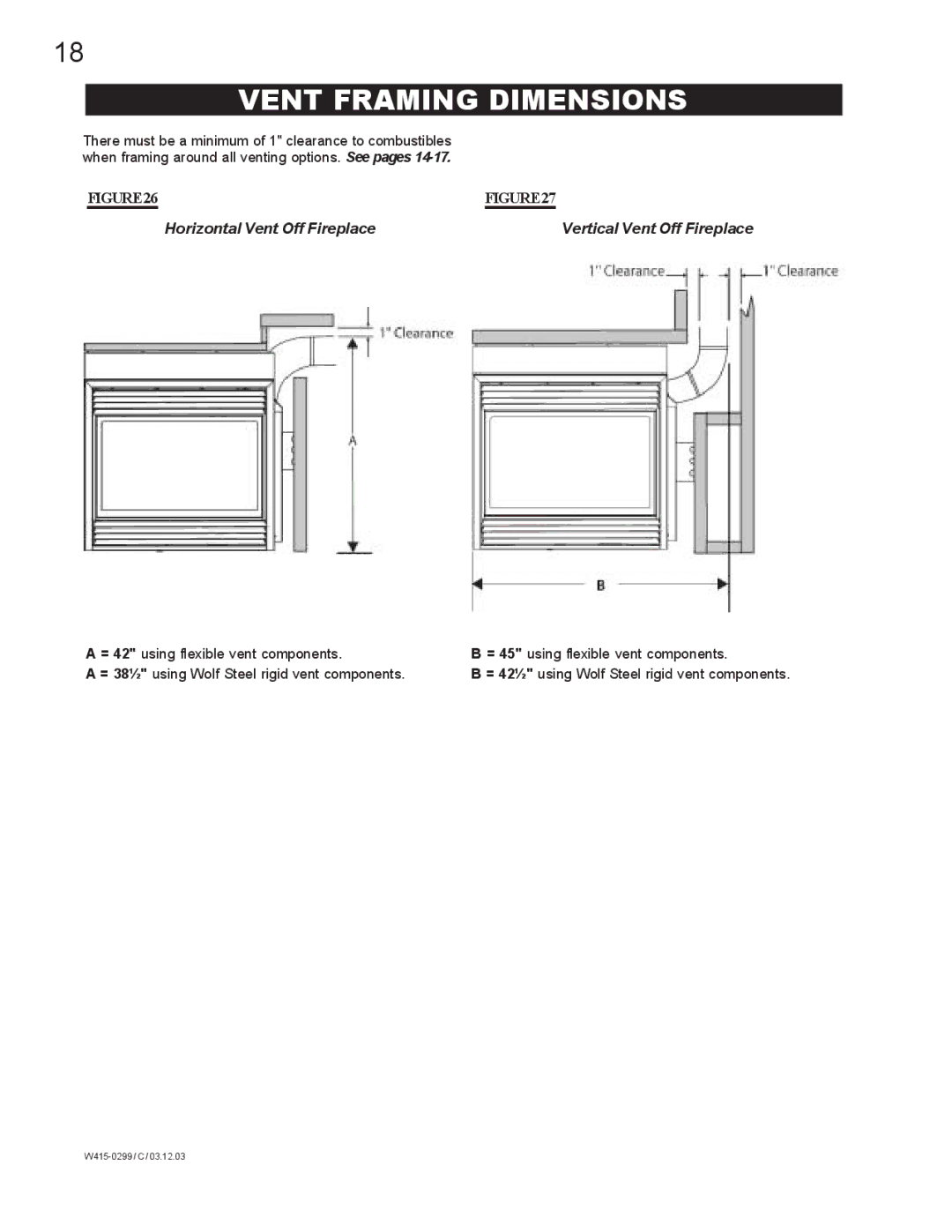 Napoleon Fireplaces BGD40-N, BGD40-P Vent Framing Dimensions, Horizontal Vent Off Fireplace Vertical Vent Off Fireplace 