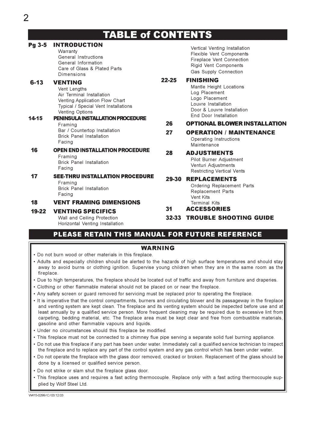 Napoleon Fireplaces BGD40-N, BGD40-P manual Table of Contents 