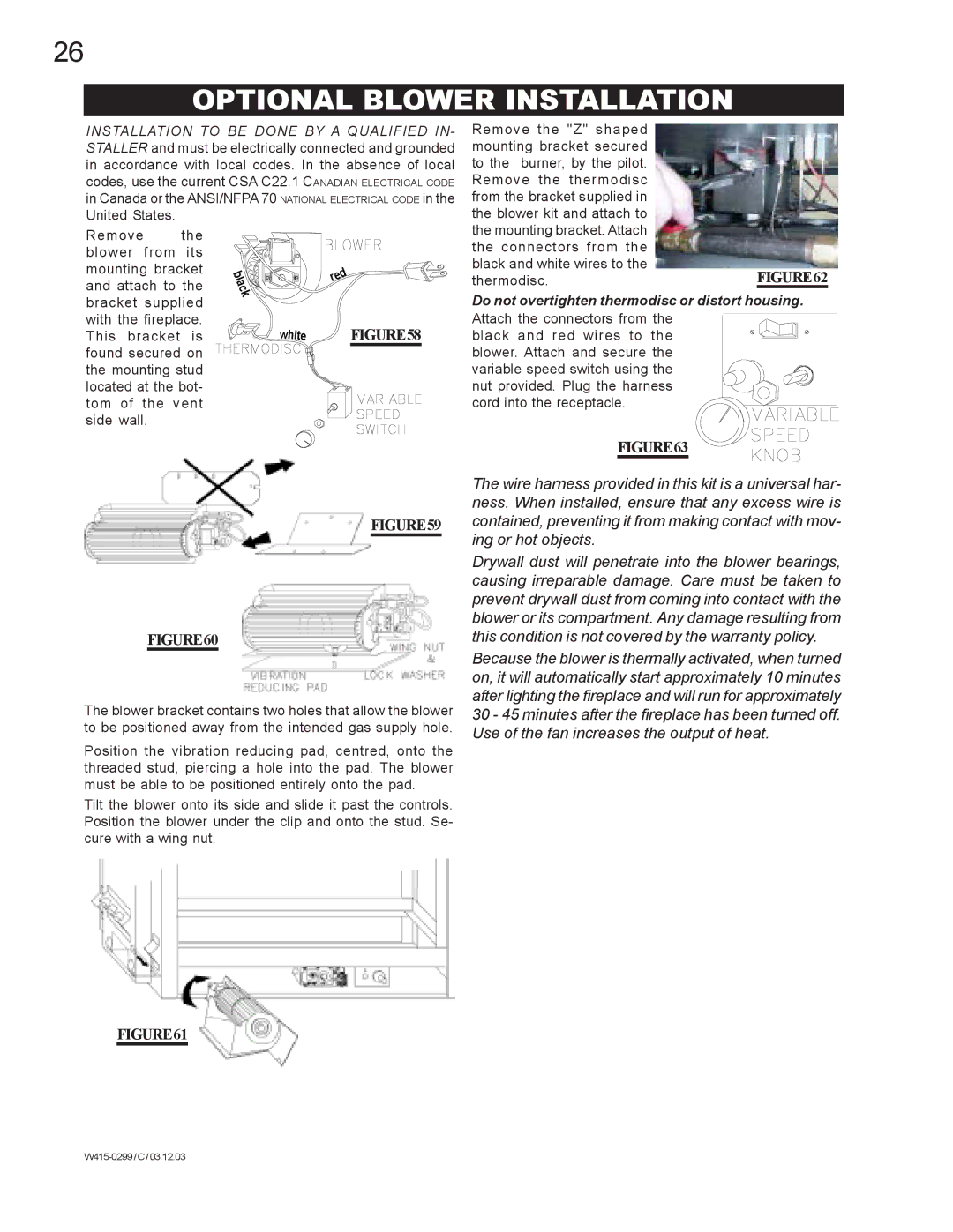 Napoleon Fireplaces BGD40-N, BGD40-P manual Optional Blower Installation, Do not overtighten thermodisc or distort housing 