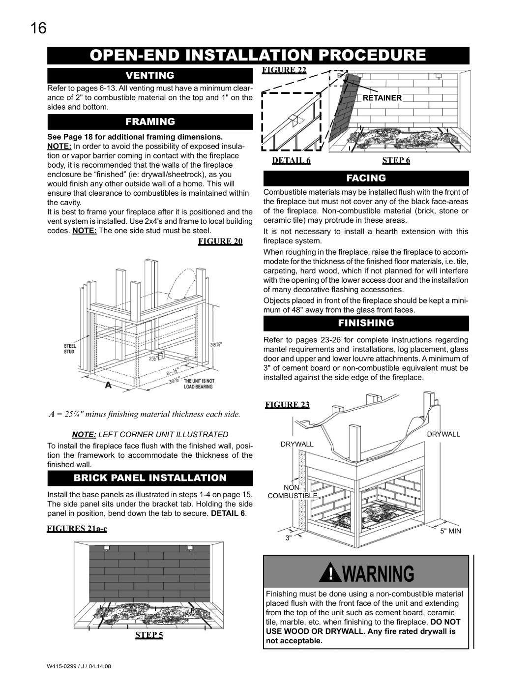 Napoleon Fireplaces BGD40-N, BGD40-P manual OPEN-END Installation Procedure, Brick Panel Installation 