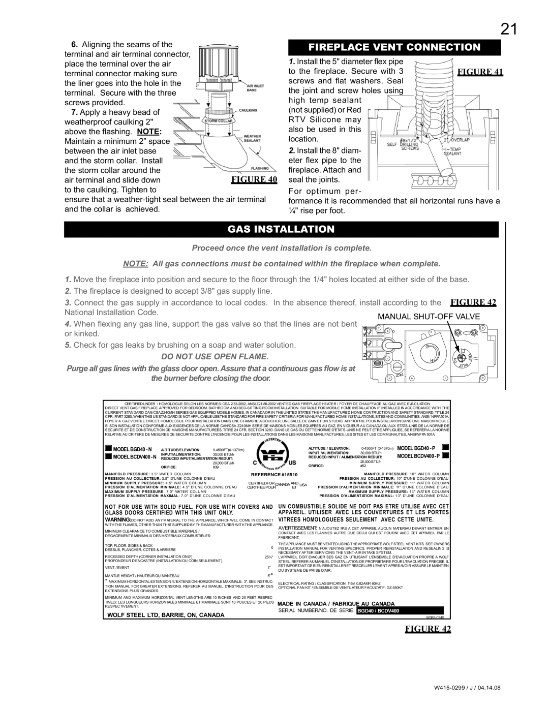 Napoleon Fireplaces BGD40-P, BGD40-N manual Fireplace Vent Connection, GAS Installation 