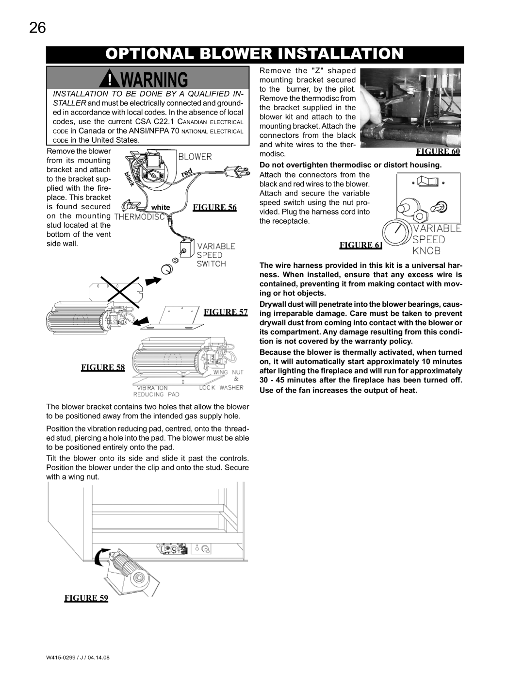 Napoleon Fireplaces BGD40-N, BGD40-P manual Optional Blower Installation, Do not overtighten thermodisc or distort housing 