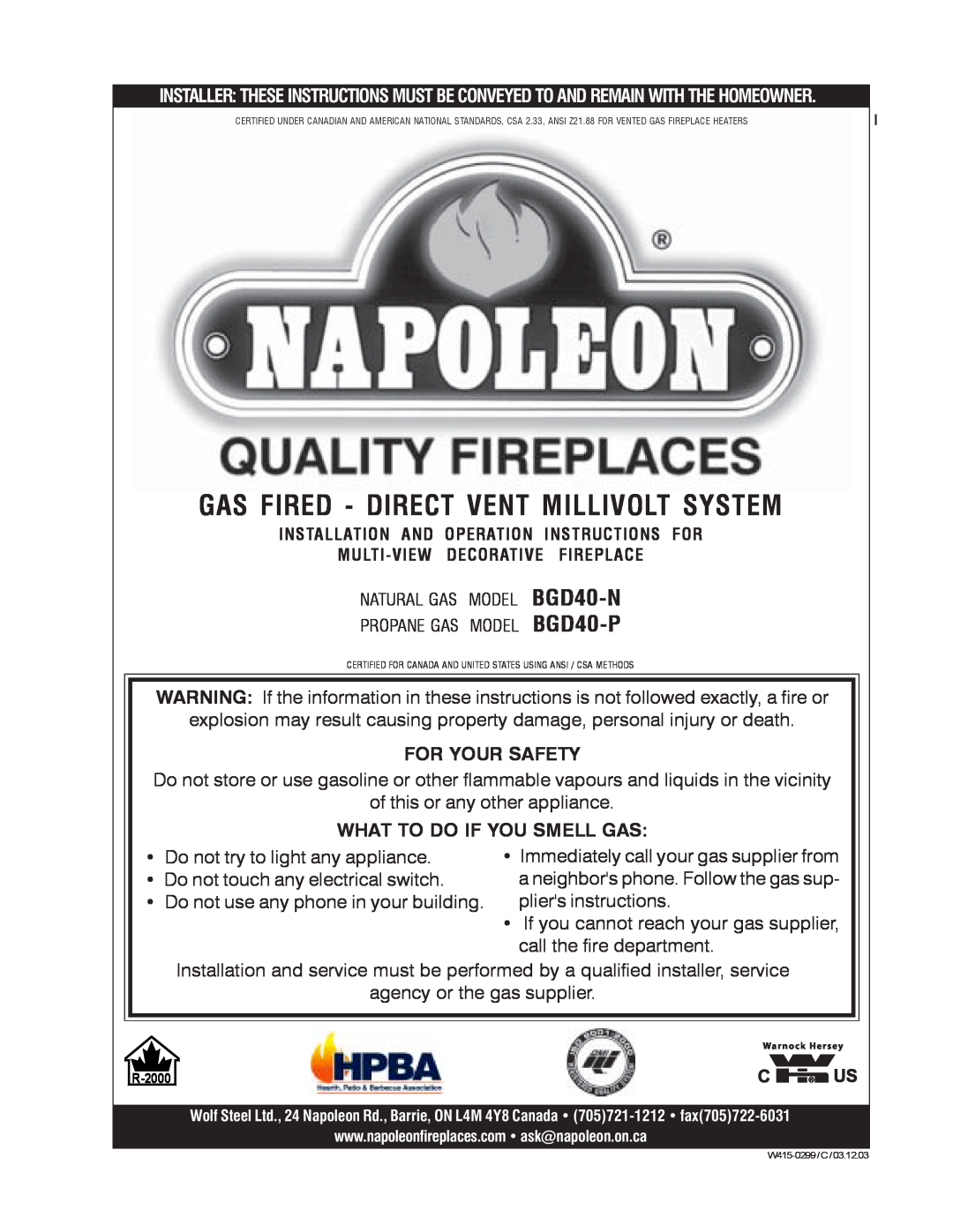 Napoleon Fireplaces manual BGD40-N BGD40-P, For Your Safety, What To Do If You Smell Gas 