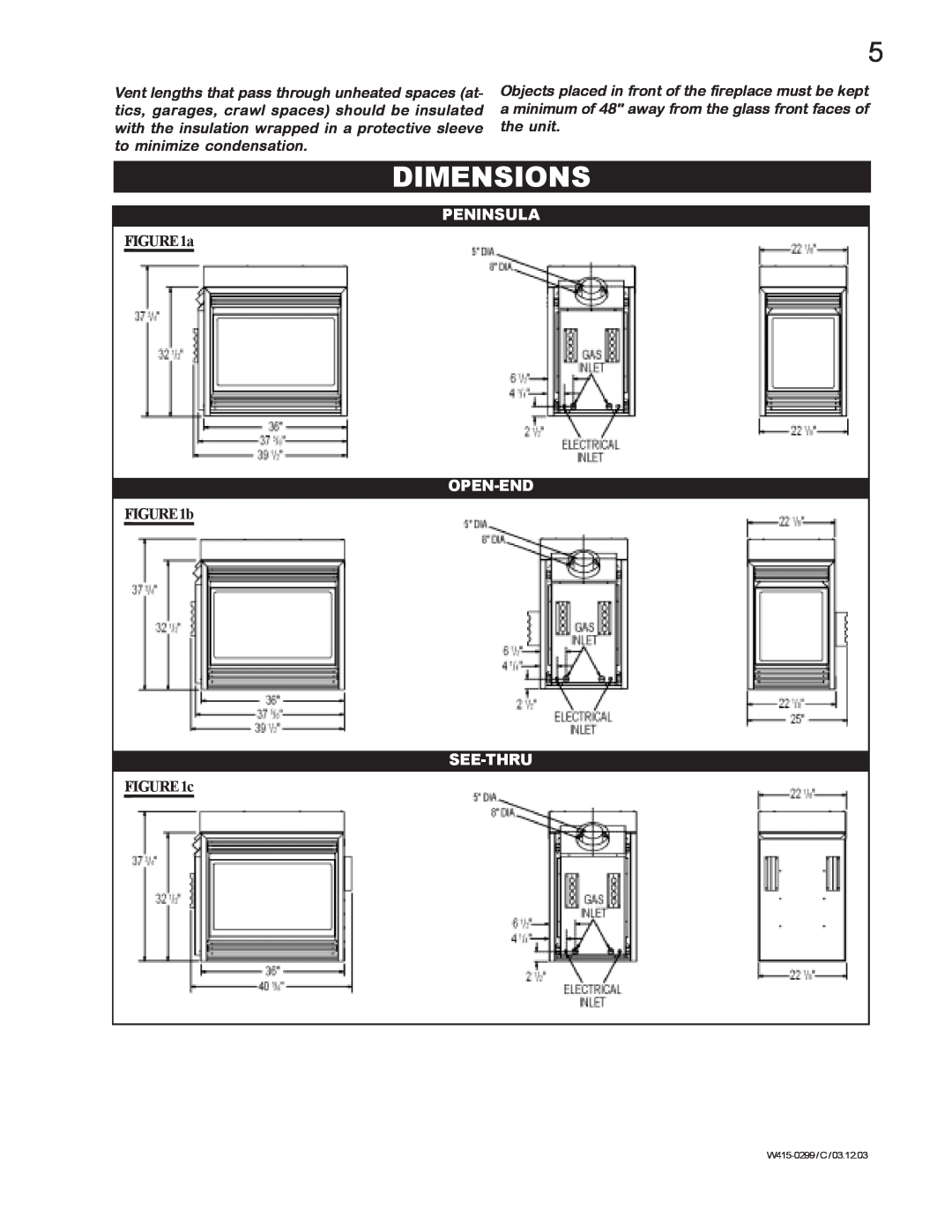 Napoleon Fireplaces BGD40-P, BGD40-N manual Dimensions, Peninsula, Open-End, b, See-Thru, c 