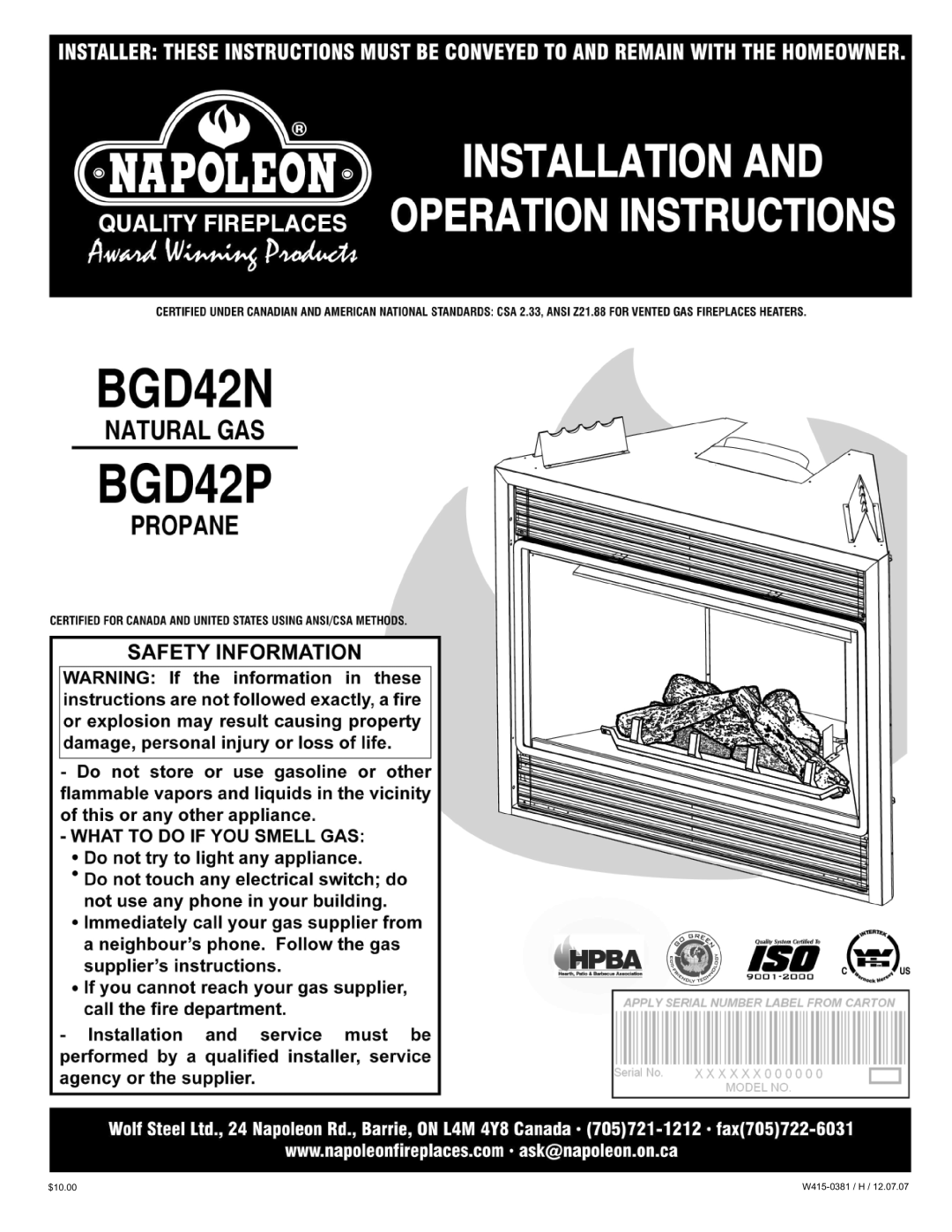 Napoleon Fireplaces BGP42, BGD42 manual W415-0381 / H $10.00 