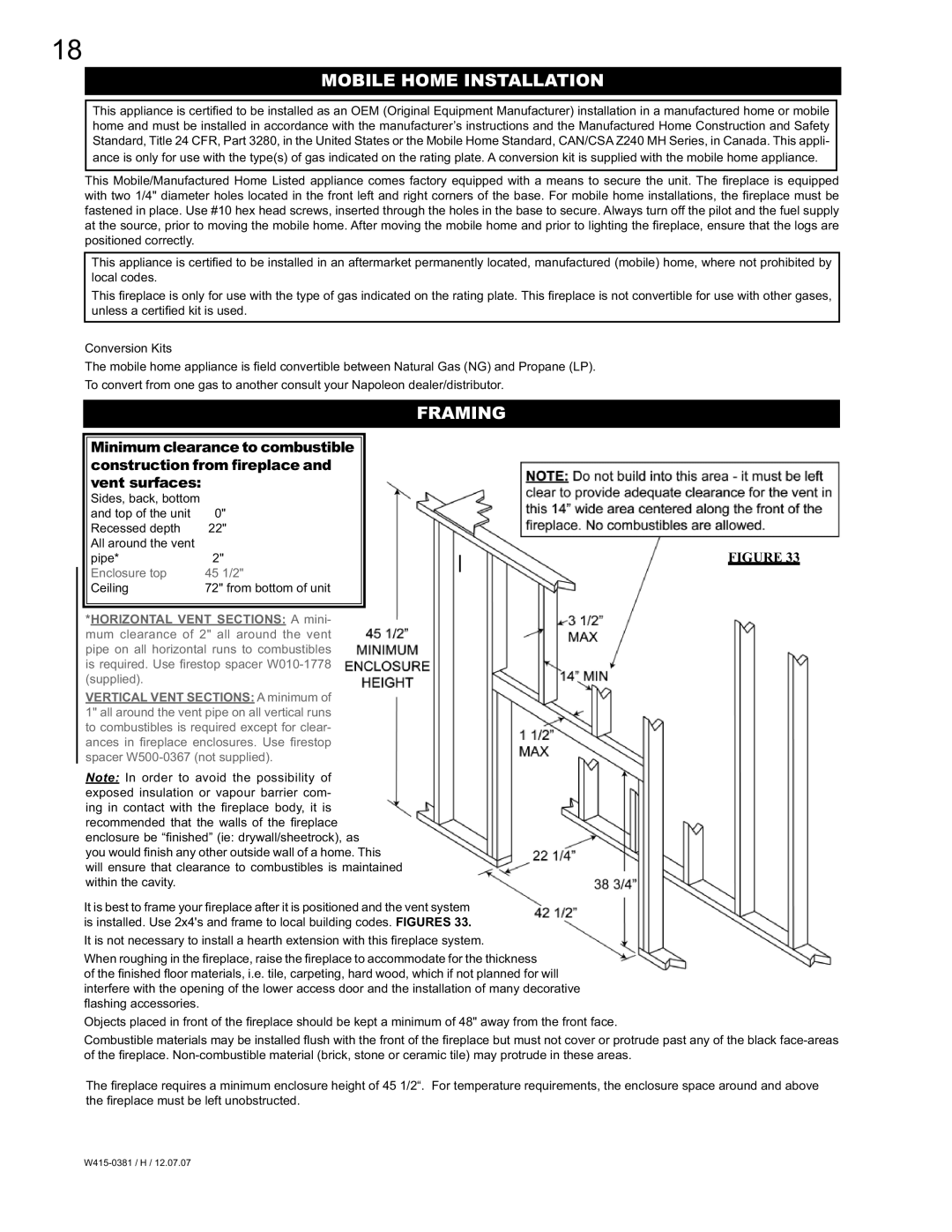 Napoleon Fireplaces BGD42, BGP42 manual Mobile Home Installation, Framing 