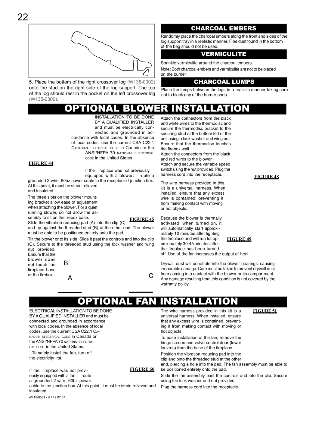 Napoleon Fireplaces BGD42, BGP42 Optional Blower Installation, Optional FAN Installation, Charcoal Embers, Vermiculite 