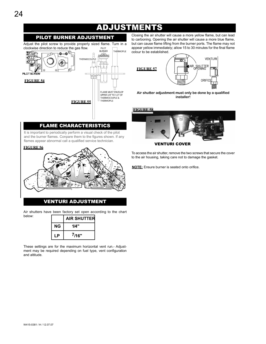 Napoleon Fireplaces BGD42, BGP42 manual Adjustments, Pilot Burner Adjustment, Flame Characteristics, Venturi Adjustment 