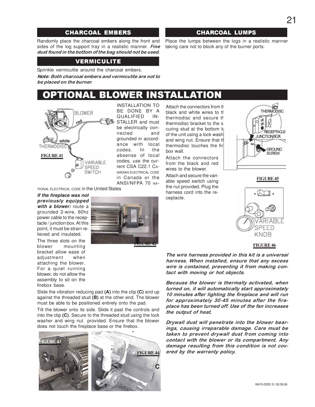 Napoleon Fireplaces BGD42P, BGD42N manual Optional Blower Installation, Charcoal Embers, Charcoal Lumps, Vermiculite 