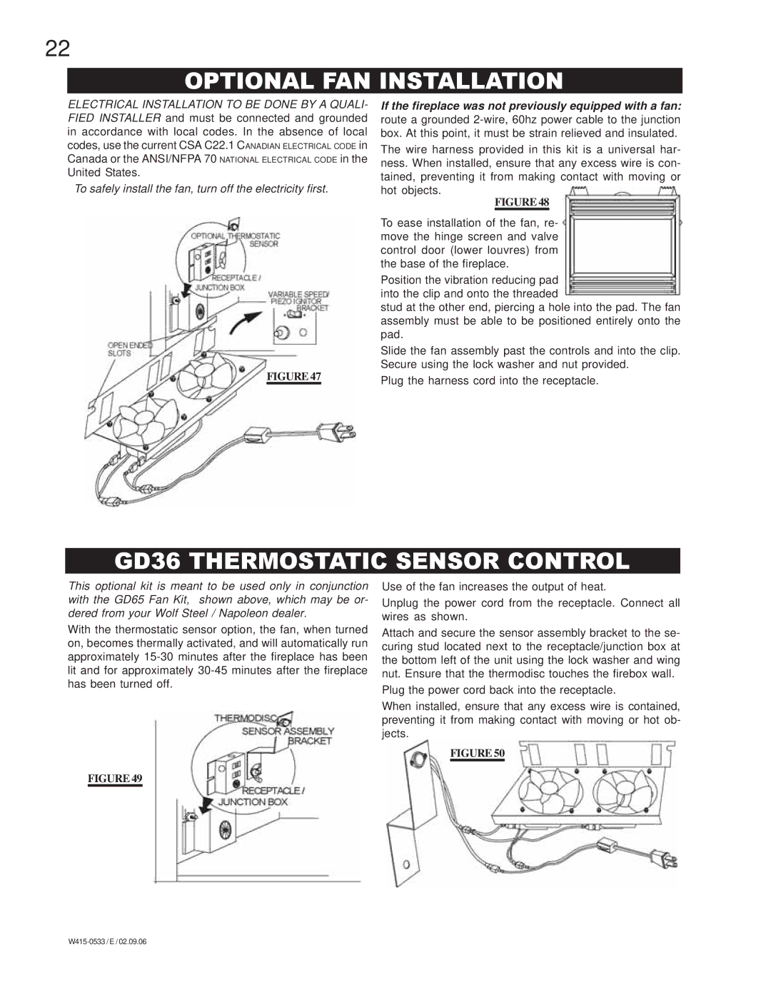 Napoleon Fireplaces BGD42N, BGD42P manual Optional FAN Installation, GD36 Thermostatic Sensor Control 