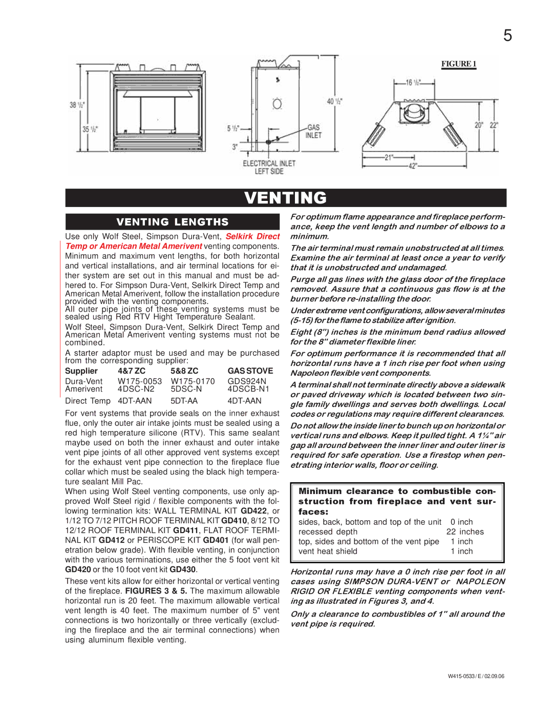 Napoleon Fireplaces BGD42P, BGD42N manual Venting Lengths 