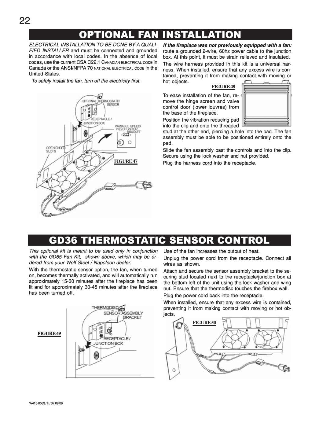 Napoleon Fireplaces BGD42N, BGD42P manual Optional Fan Installation, GD36 THERMOSTATIC SENSOR CONTROL 