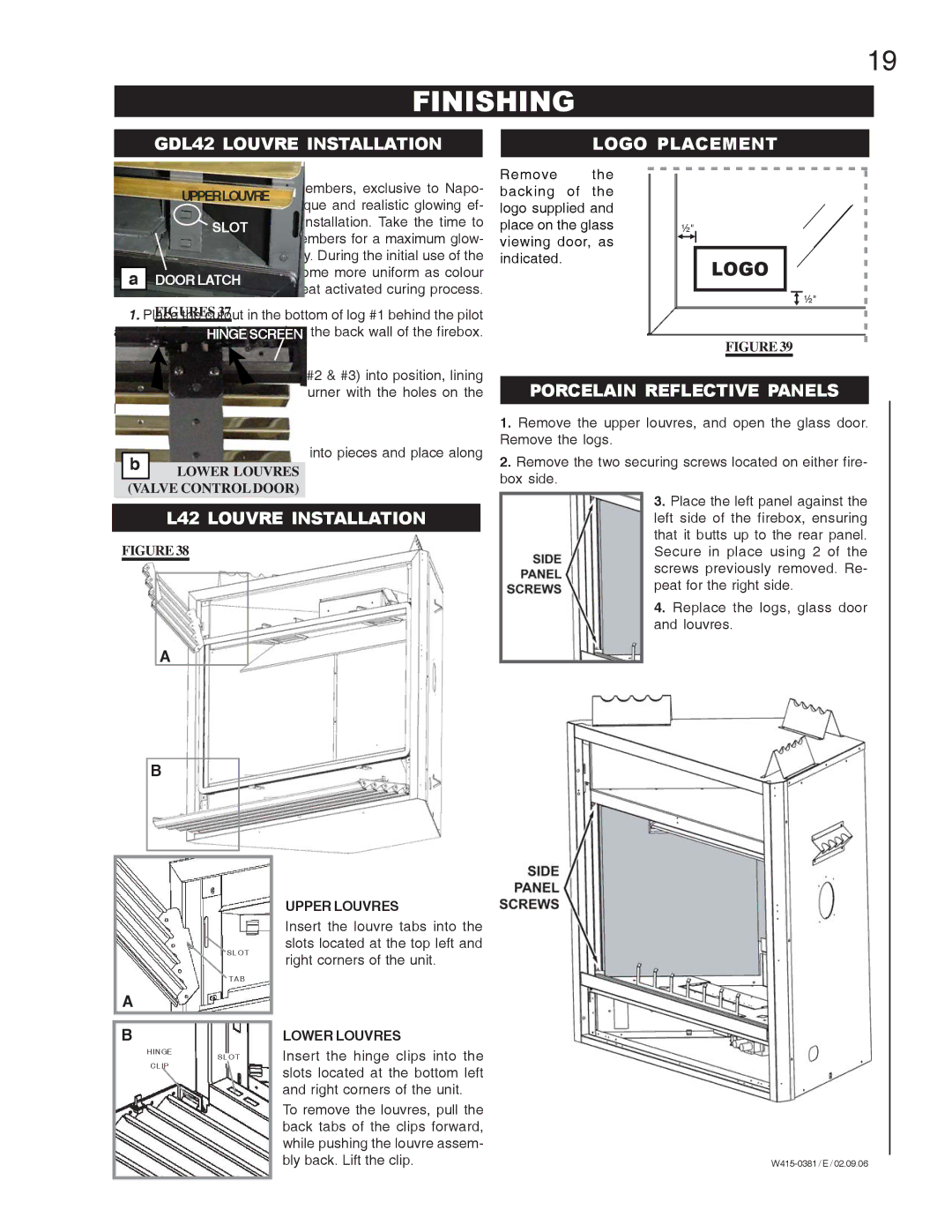 Napoleon Fireplaces BGD42P manual Finishing, GDL42 Louvre Installation, L42 Louvre Installation Logo Placement 