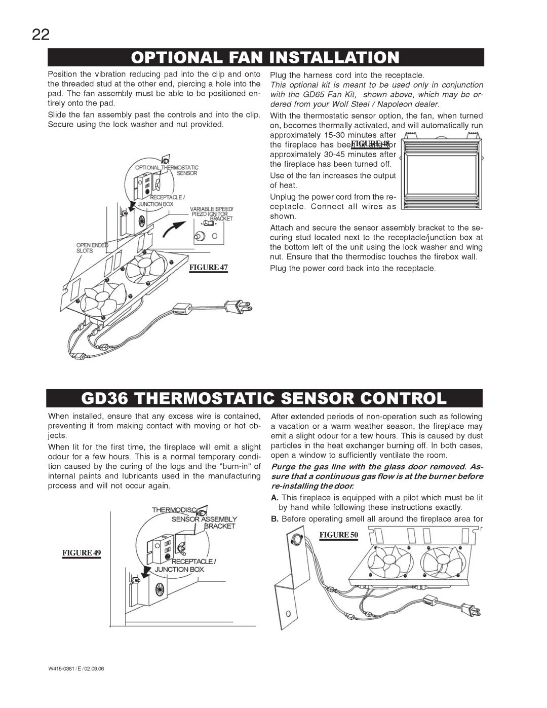 Napoleon Fireplaces BGD42P manual Optional FAN Installation, GD36 Thermostatic Sensor Control 