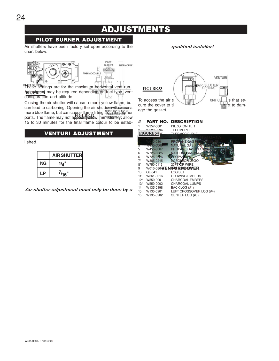 Napoleon Fireplaces BGD42P manual Adjustments, Pilot Burner Adjustment, Venturi Adjustment 