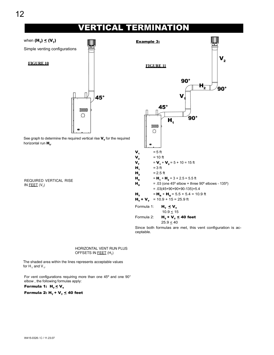 Napoleon Fireplaces BGD48N, BGD48P manual Vertical Termination, = .0345+90+90+90-135=5.4, = HR + HO = 5.5 + 5.4 = 10.9 ft 