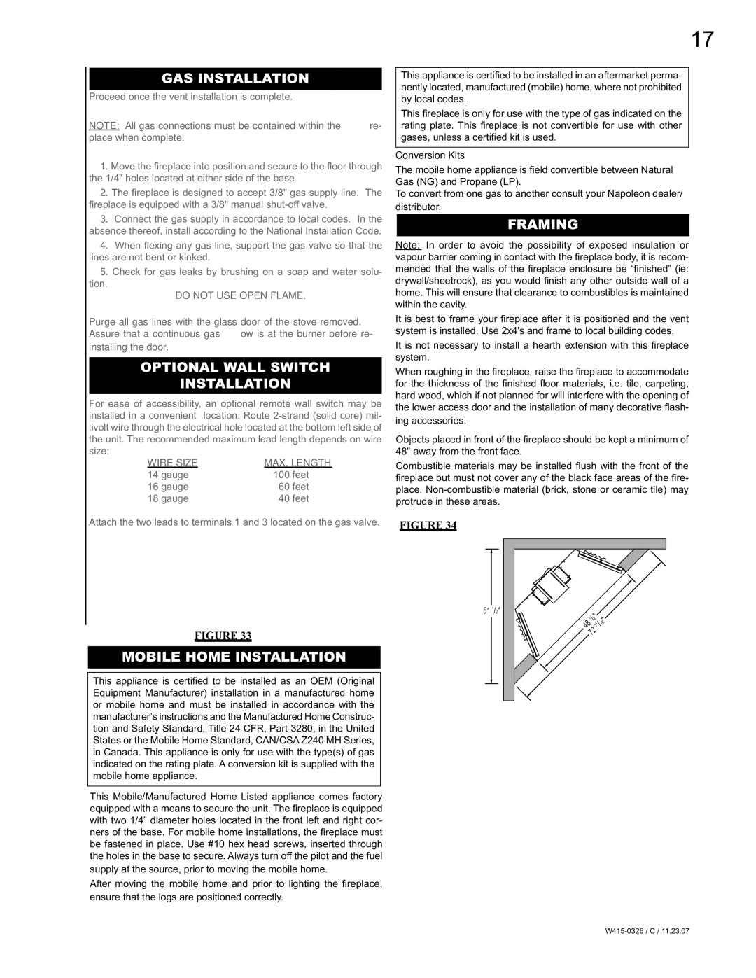 Napoleon Fireplaces BGD48P, BGD48N GAS Installation, Optional Wall Switch Installation, Framing, Mobile Home Installation 