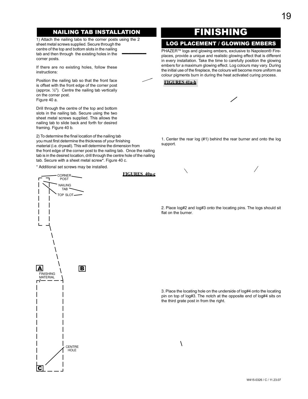 Napoleon Fireplaces BGD48P, BGD48N manual Finishing, Nailing TAB Installation 